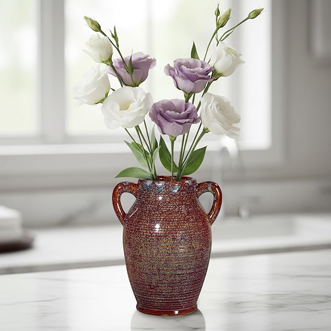 Sunddo Brown Ceramic Vase 8 Inch - Rustic Decorative Flower Vase with 2 Handles, Farmhouse Decor, Bedroom, Bathroom, Bookshelf, Mantel, Living Room Decor
