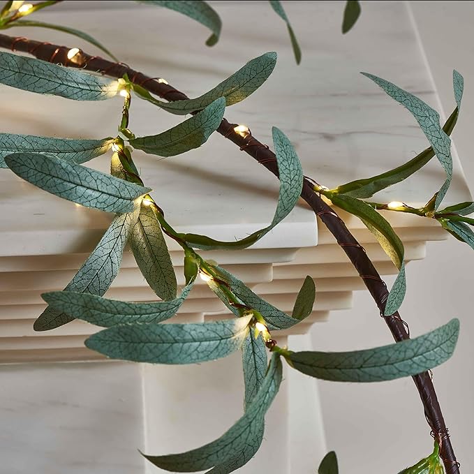 LITBLOOM Lighted Olive Garland Battery Operated with Timer 96 Fairy Lights 6FT, Artificial Greenery Twig Vine Lights for Christmas Spring Fireplace Mantle Decoration Indoor Outdoor