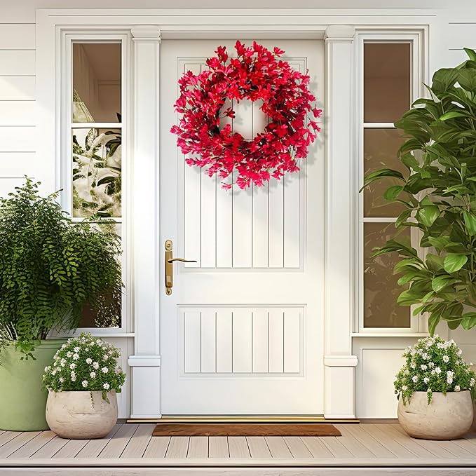 Spring Wreath for Front Door, 24 Inch Spring Red Forsythia Wreath Blossom Cluster Flower Farmhouse Wreath on Grapevine for Festival Celebration Front Door Wall Window Decoration Home Decor