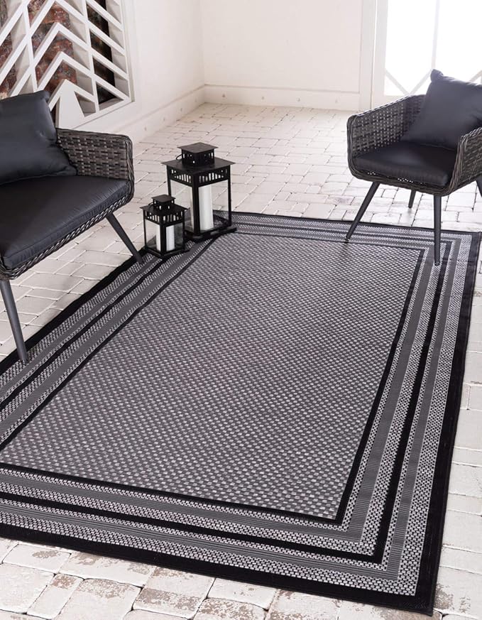 Unique Loom Outdoor Border Collection Area Rug - Multi Border (5' 3" x 8' Rectangle, Gray/ Black)
