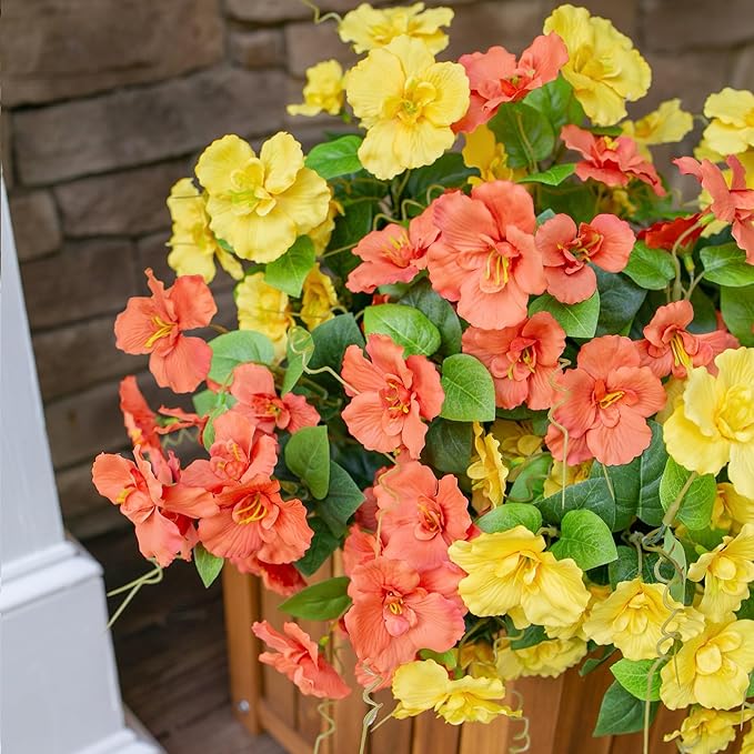 Hibiscus Artificial Flowers Plants for Outdoors Decoration, 6 Bundles Silk Tropical Flowers Artificial Realistic UV Resistant Fake Flower for Outside Planter Porch Patio Balcony (Yellow Orange)