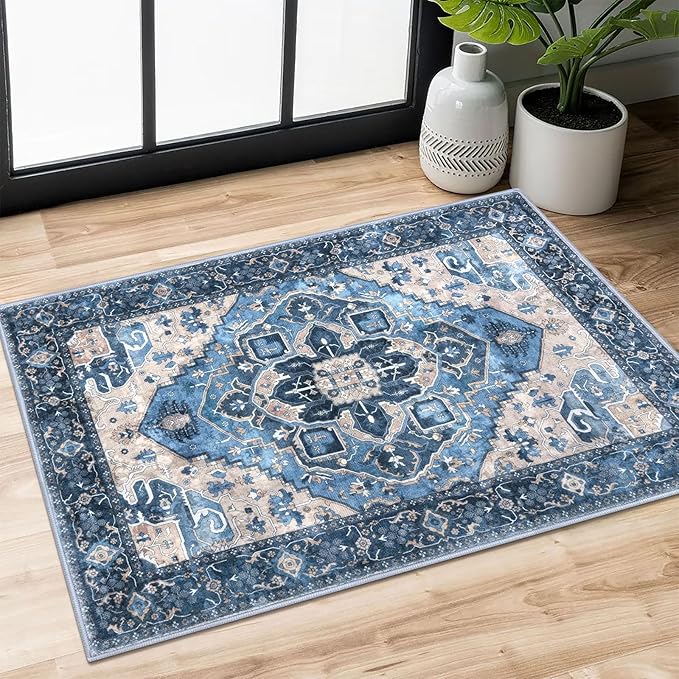 2x3 Washable Area Rug, Blue Soft Rug for Entryway, Non-Slip Indoor Door Mat Boho Low-Pile Kitchen Rugs, Floor Vintage Carpet for Entrance Kitchen Bedside Farmhouse