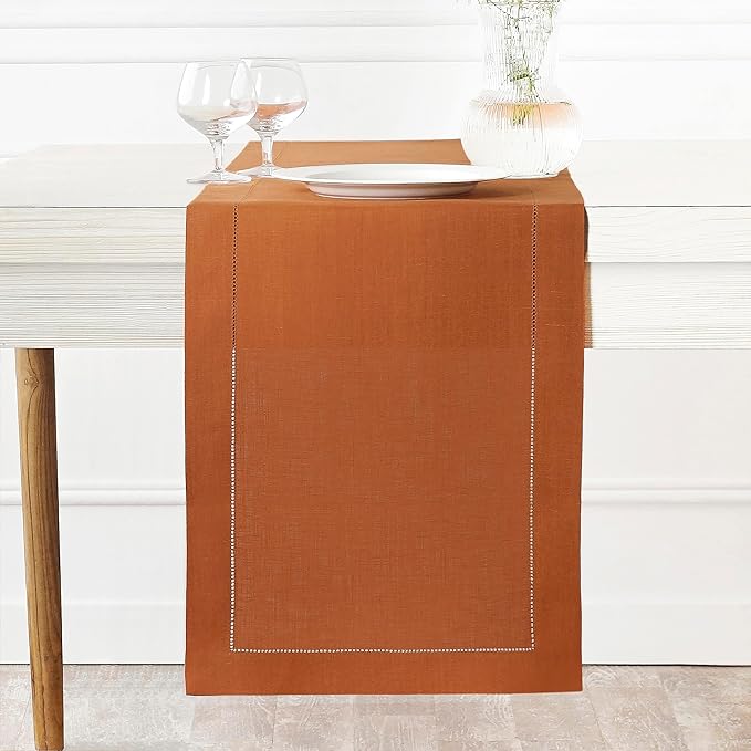 D'Moksha Homes Linen Rust Table Runner 36 Inches - 100% Pure Linen Small Table Runner 14 x 36 Inch Ideal for Dresser, Coffee Tables, Spring, Easter - Classic Hemstitch
