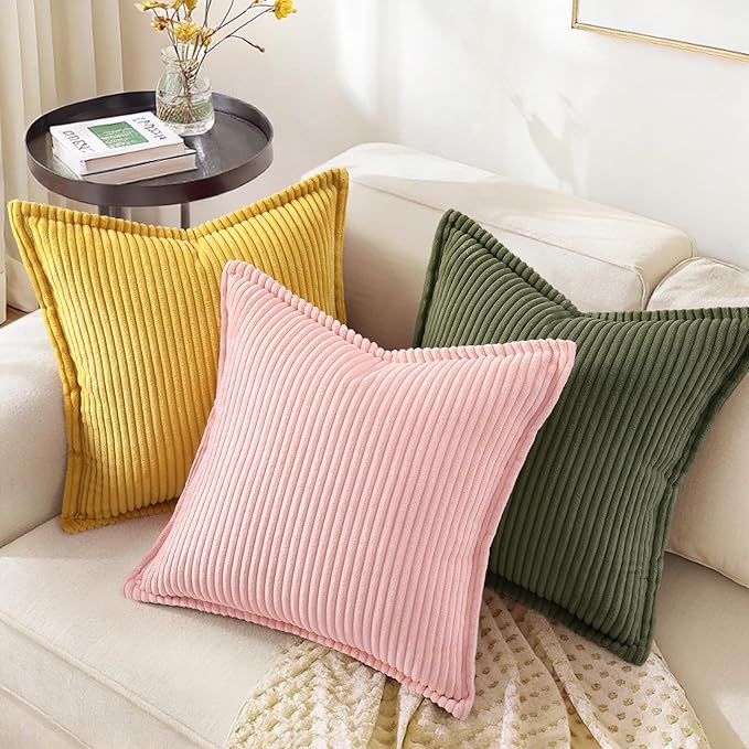 decorUhome Christmas Corduroy Olive Green Throw Pillow Covers 12x20 Set of 2 Decorative Soft Boho Farmhouse Lumbar Euro Couch Pillow Covers for Living Room Bed Sofa Broadside Striped Pillow Cases