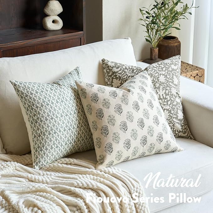 Floral Vintage Throw Pillow Covers 18x18 Pillow Cover Block Print Decorative Cushion Covers Farmhouse Neutral Accent Home Décor for Sofa Couch Living Room Bedroom, 1PC, Olive Green