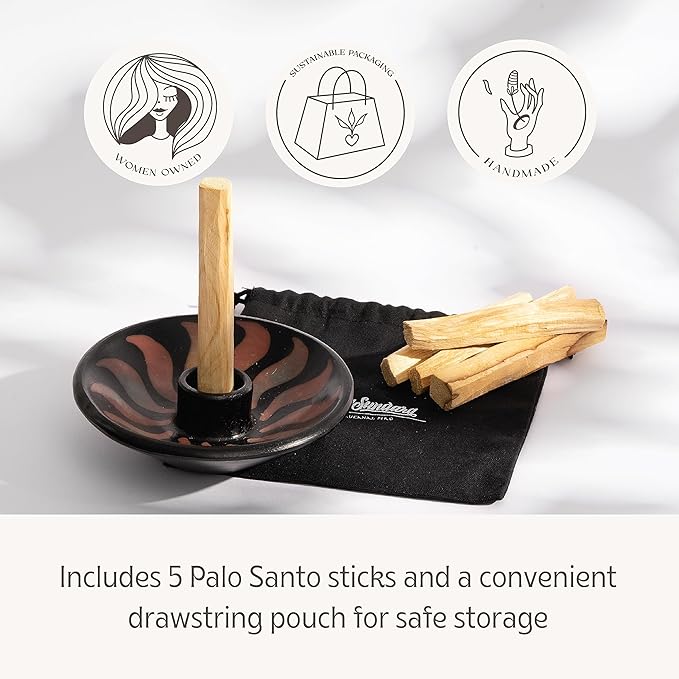 Luna Sundara Authentic Peru Pottery Palo Santo Stick Holder and Incense Holder with 5 Palo Santo Sticks Handmade Ceramic Smudge Bowl Sage Holder Red Gift Set