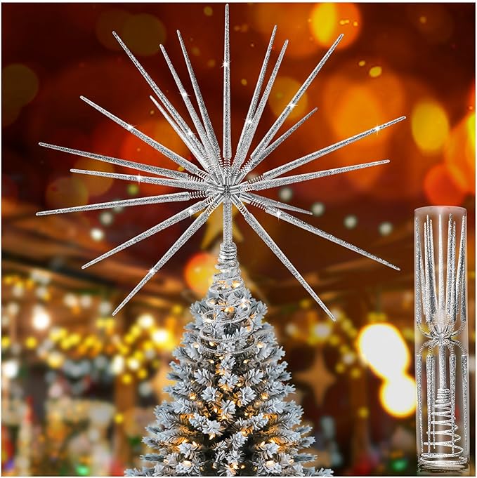 Silver Christmas Tree Topper 13.7 Inch - No DIY Silver Star Burst Tree Topper, Exploding Star Christmas Tree Decorations