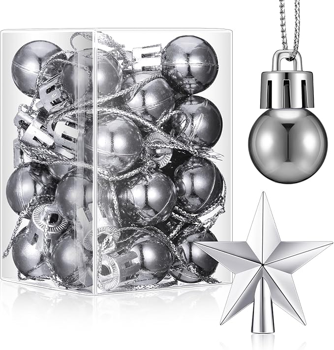 25 Pcs Christmas Balls Ornaments Set Mini Tree Decoration 0. 79 Inch Christmas Ball Tree Topper Star Hanging Ornaments for Party Decoration(Silver)