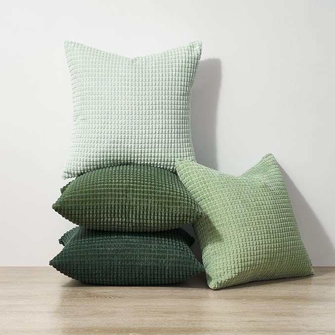 Topfinel 4 Packs LightGreen Decorative Throw Pillow Covers 16x16 Inch for Living Room Couch Bed Sofa, Boho Western Farmhouse Home Decor, Square Soft Moss Corduroy Summer Cushion Case 40x40 cm