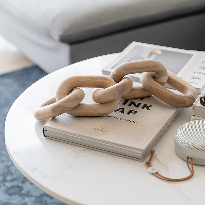 Book Shelf Decor Items - Acacia Wood Chain Link Decor, Coffee Table Accessories, Bookshelf Decors, Sculpture for Shelves, Wooden Decorative Objects, Link Ornament, Living Room Accents