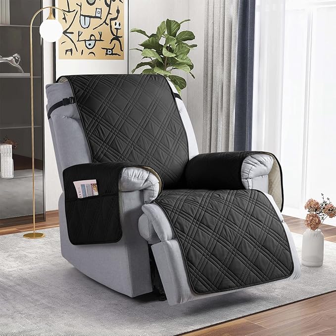 TAOCOCO 100% Waterproof Recliner Chair Covers, Non Slip Recliner Covers for Recliner Chair with Pocket, Washable Reclining Chair Cover Furniture Protector for Kids,Dogs(25'', Black)