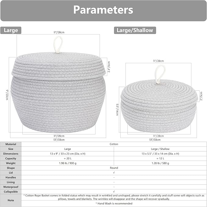 Sea Team Round Cotton Rope Storage Basket with Lid, Decorative Woven Storage Bin, Pot, Caddy, Organizer, Container for Snacks, Towels, Plants, 13 x 9 Inches (Large, Cream)