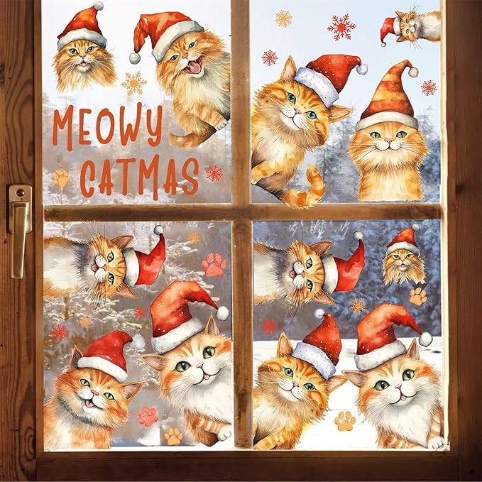 Christmas Window Clings Decoration Indoor Xmas Cat Stickers Double-Sided Merry Christmas Window Decals for Glass Windows Xmas Snowflake Decals for Winter Holiday Kids Bedroom Home Party Supplies