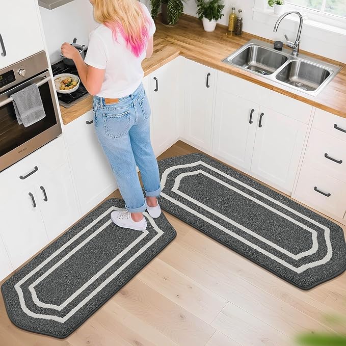 COSY HOMEER Long Kitchen Floor Mats for in Front of Sink Super Absorbent Kitchen Rugs and Mats 24"x48"+24"x59"Non-Skid Kitchen Mat Standing Mat Washable,Polypropylene,Dark Grey,Frame