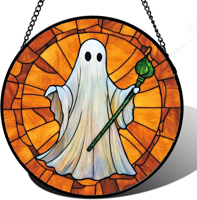 Stained Glass Window Hanging - Halloween Decorations Ghost Witch Wand Suncatcher for Doors Garden Spooky Funny Orange Sun Catchers Gothic Decor Horror Gifts for Women Men Friend 6.3 in