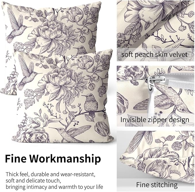 Chinoiserie Pillow Protectors with Zipper Standard Size Vintage Floral Birds Print Pillow Covers Set of 2 Rustic Nature Gold Flowers Pillow Cases Antique Midcentury Bed Pillow Covers 12"x24" Beige