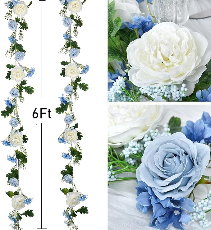 2 Pack Artificial Peony Flower Garland - 6ft Silk Peony Garland Flowers Vine Blue and White Peony Silk Flowers for Wedding Arch Party Table Decoration (Blue)