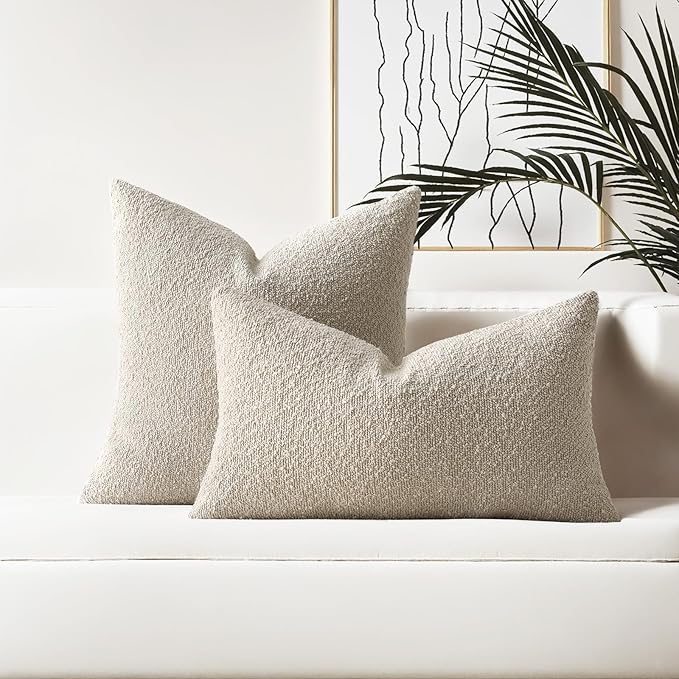 HAUSSY Set of 2 20x20 Decorative Throw Pillow Covers, Soft Cozy Textured Boucle Couch Cases, Home Decor for Couch Bed Living Room, Beige