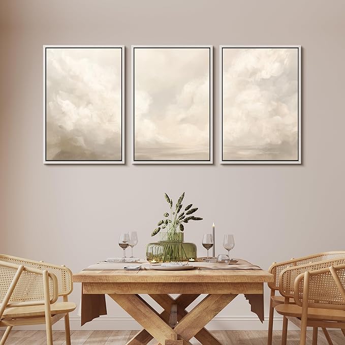 MUDECOR Framed Wall Art Print Set Neutral Cloudscape Soft Beige Abstract Sky Illustrations Modern Art Boho Decorative Colorful Chic for Living Room, Bedroom, Office - 24"x36"x3 White