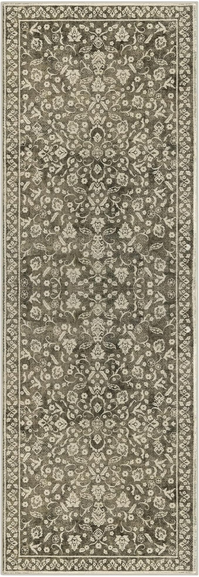 Vintage Washable 2x5 Rug Runner, Taupe Brown Runners for hallways, Super Soft Kitchen Runner Rug Non Slip, Print Faux Wool Floral Thin Carpet Runner for Entryway Indoor Bedroom