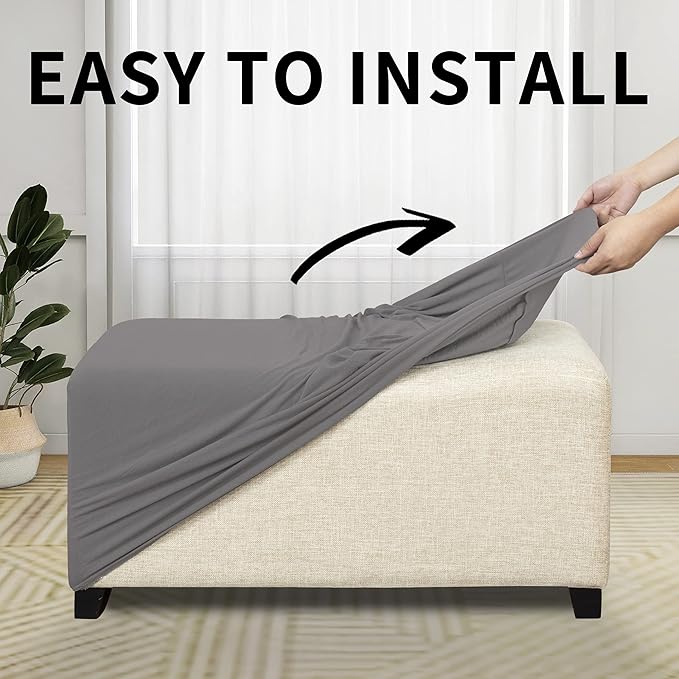 Easy-Going 100% Dual Waterproof Stretch Ottoman Cover Rectangle Folding Storage Stool Furniture Protector Soft Slipcover for Living Room with Elastic Bottom (Large, Light Gray)