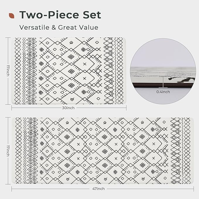 FRESHMINT Anti Fatigue Kitchen Mats for Floor 2 Piece Set, Waterproof & Non-Skid Moroccan Geo Kitchen Rugs, Cushioned Kitchen Mat for Standing Washable Comfort Desk Kitchen Runners, 17x30''+17x47''