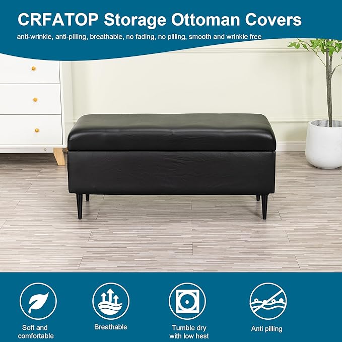 CRFATOP Waterproof PU Ottoman Stool Cover Stretch Folding Storage Footstool Bench Slipcovers Upholstered Foot Chest Chair Covers Washable Entryway Furniture Protector with Elastic Bands,M,Black