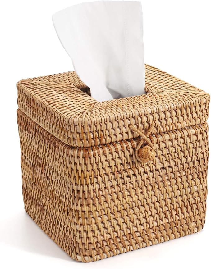 Rattan Square Tissue Box Cover, 5.7" x 5.7" x 5", Decorative Woven Facial Tissue Holder with Hinged Top Lid, Natural Color