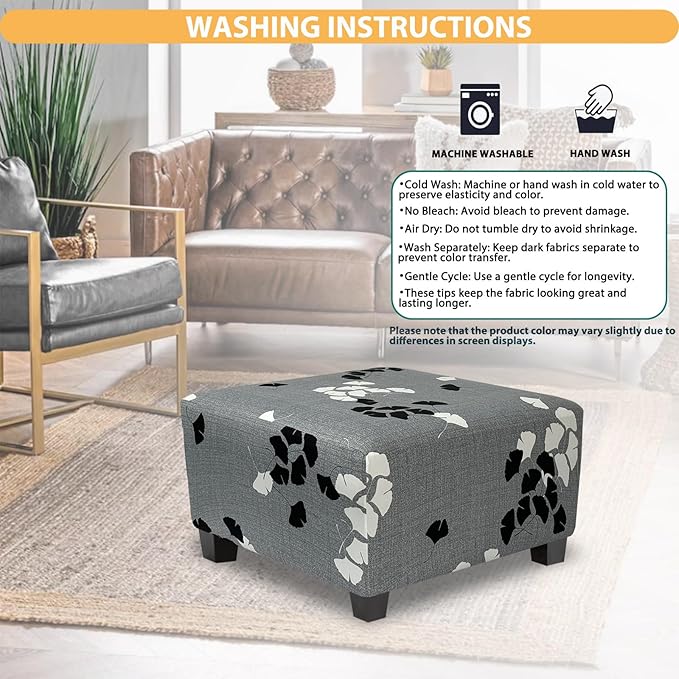 Ottoman Cover Square Slipcovers Printed,Stretch Footrest Stool Cover for Ottoman Square,Soft Foot Stool Cover Protector with Nonslip Elastic Bottom (Medium,Ginkgo Leaves)