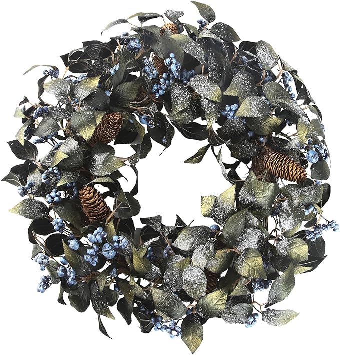 24 Inch Snow Flocked Metallic Look Winter Wreath with Blue Berry & Pinecone- Artificial Christmas Wreaths for Front Door Porch Wall Window Porch Fireplace Outdoor Décor