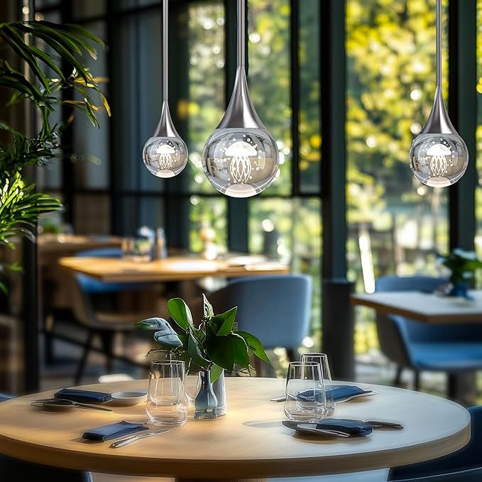 1-Pendant Lights Kitchen Island, Chrome Silver Crystal Globe Ceiling Hanging Light Fxitures, LED Lamp Metal Rod Ceiling Jellyfish Pendant Lighting for Kitchen Dining Room Bar