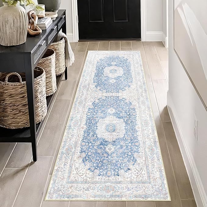Washable Runner Rug 2x6,Blue Rug Runners Non Slip,Long Boho Rugs for Hallways Kitchen Bedroom Entryway Living Room Bathroom,Vintage Bohemian Distressed Floor Carpet,Floral