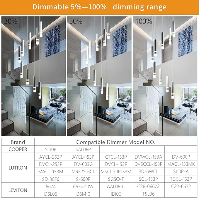 9-Light Modern Pendant Light Fixture Dimmable LED 54W Chrome Staircase Large Chandelier Lobby Living Room Bedroom Foyer High Ceiling Chandelier