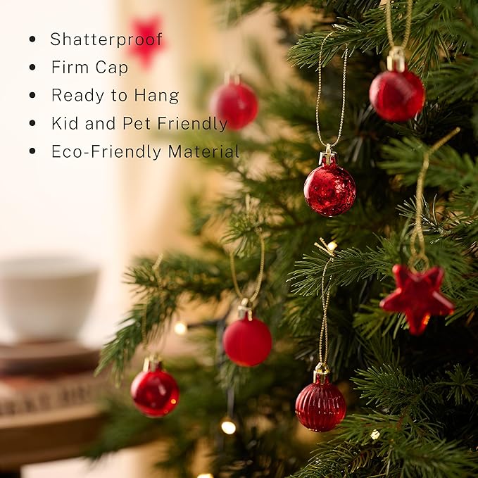 DecorbyHannah Mini Christmas Tree Ornaments, 35ct 1.18inches Red Christmas Ball Ornaments for Tree Decorations, Small Clear Shatterproof Plastic Hanging Balls Bulk for Xmas, Party, Wedding