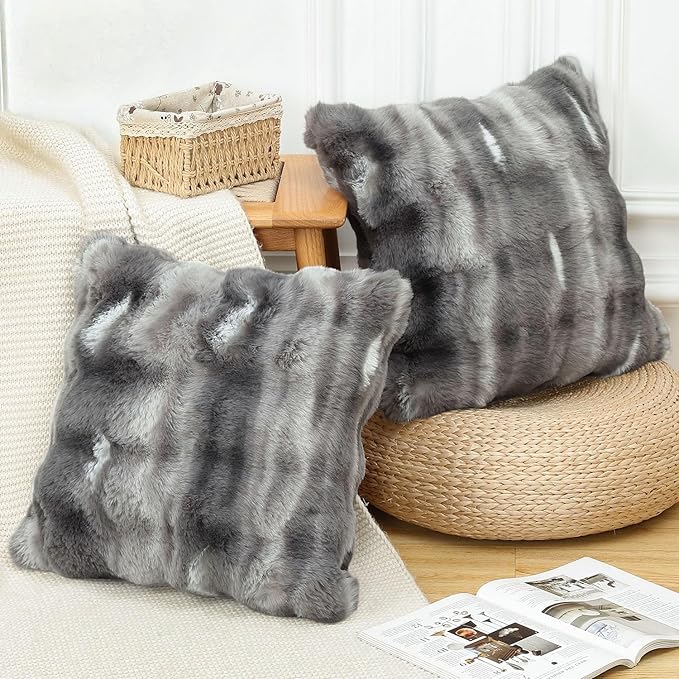 MADIZZ Pack of 2 Thick Plush Wool Throw Pillow Covers 18x18 Inch Dark Grey Soft Neutral Decorative Throw Pillows Accent Boho Cushion Covers for Couch Sofa Bedroom Pillow Shell