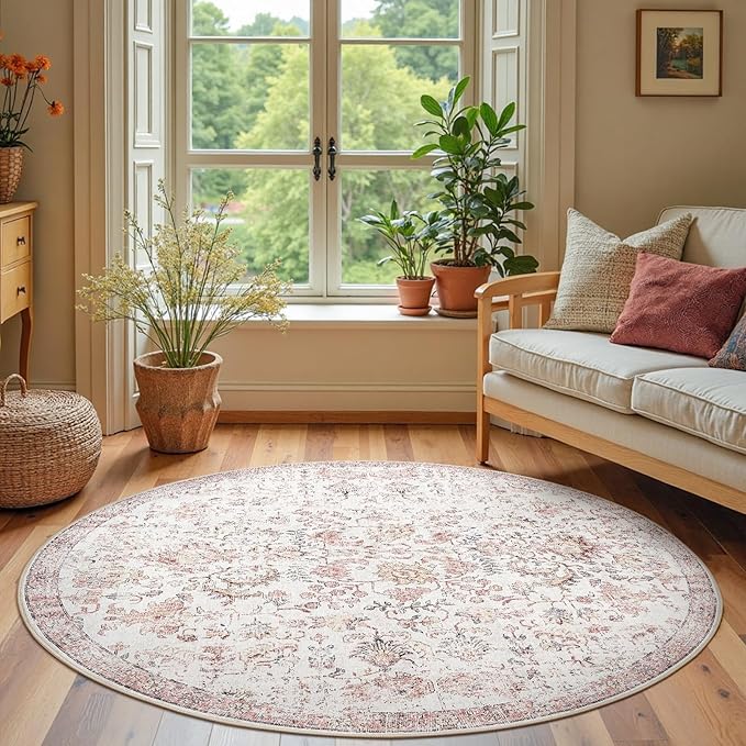 jinchan Kalen Round Rug 6ft Area Rug Washable Vintage Indoor Retro Accent Floor Cover Distressed Floral 6' Round Circle Boho Non Slip Thin Carpet for Living Room Dining Room Bedroom Kitchen Red