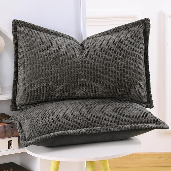MADIZZ Chenille Velvet Throw Pillow Covers with Flange Set of 2 Super Soft Boho Textured Pillow Covers Decorative Throw Pillowcases Modern Farmhouse Home Decor for Sofa Bedroom Dark Taupe 12x20 Inch
