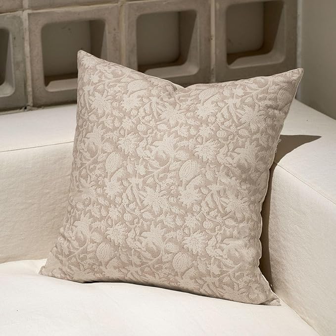 Amor Virisso Floral Throw Pillow Covers 24x24 Couch Pillows for Living Room Bed Block Print Decorative Accent Throw Pillow Covers Farmhouse Neutral Pillow Covers Sofa Pillows 1PC, Cream Oatmeal