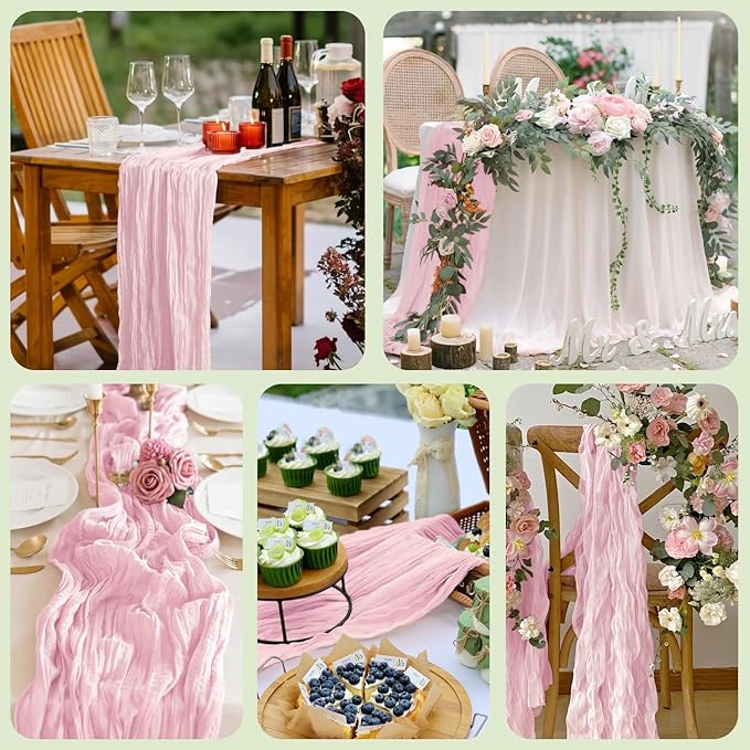 Asee'm 12pcs Cheesecloth Table Runner 120 Inches Blushing Pink Boho Gauze Cheese Cloth Runner 10FT Rustic Sheer Table Runners for Summer Wedding Baby Shower Holiday Party Decoration
