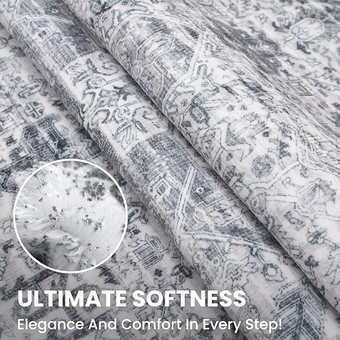 2x8 Washable Runner Rug for Hallways, Grey Blue White Soft Neutral Vintage Printed Runners with Non-Slip, Non-Shedding Boho Rugs for Bedroom Kitchen Porch Laundry Indoor