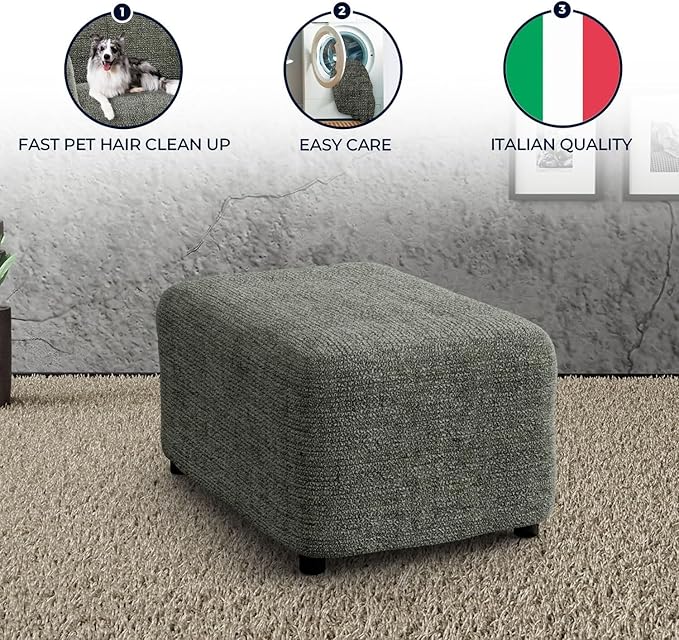 PAULATO BY GA.I.CO. Ottoman Slipcover - Stretch Stool Sofa - Pouf Protector for Pets and Kids - Soft Ottoman Cover - Durable Furniture Slipcovers - Microfibra Print Collection - Mossy Grey