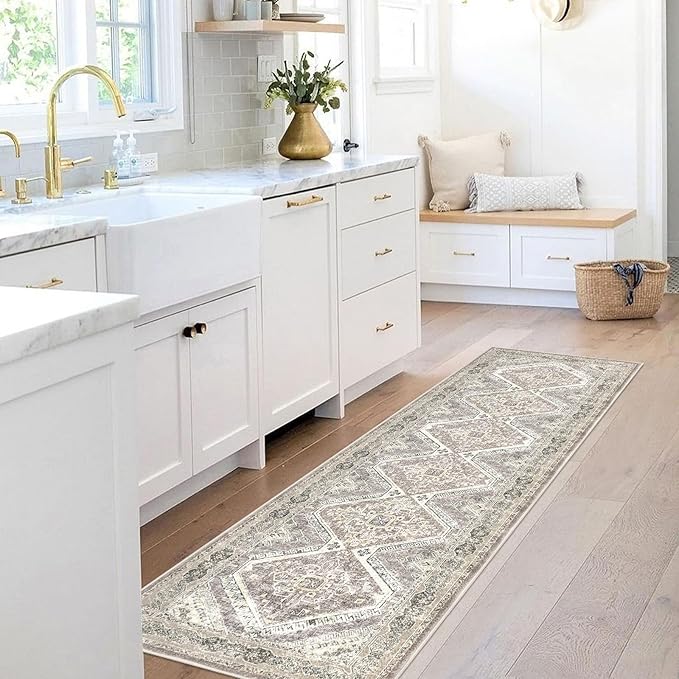 KUTA Oriental Washable Runner Rug, 2x7 Non-Slip Vintage Ivory Grey Yellow Brown Hallway Kitchen Runners Soft Printed Distressed Tribal Farmhouse Floor Carpet Rugs for Laundry Bedroom Living Room