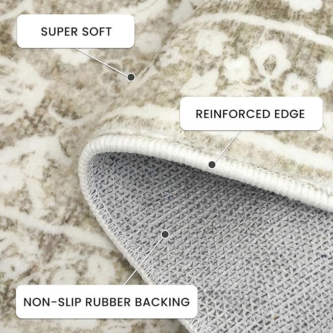 Vintage 3x8 Hallway Rug, Beige Taupe Washable Hallway Runner Rug Non Slip, Super Soft Kitchen Runner Rug, Print Faux Wool Floral Thin Carpet Runner for Entryway Indoor Laundry Room Bedroom