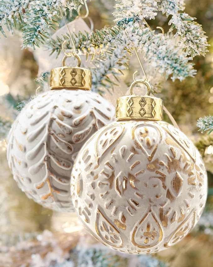 White and Gold Rustic Christmas Ball Ornaments, 3.15 inches Vintage Christmas Tree Decorations, 12 PCS Large Shatterproof Neutral Farmhouse Luxury Xmas Ornaments for Christmas Tree, Home Decor