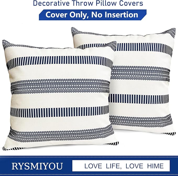 Decorative Throw Pillow Covers Set of 2 Blue Boho Striped Pillow Covers 22x22 Inch Throw Pillow Cover Linen Pillowcase Farmhouse Outdoor Pillow Covers for Couch Sofa Bed Living Room