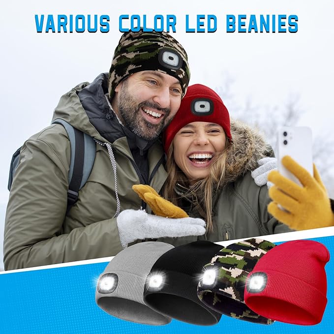 Christmas Stocking Stuffers for Men Adults, Beanie Hats with Light, USB Rechargeable LED Hand Free Headlamp, Birthday Gifts for Men, Women, and Teens, Ideal for Camping, Hiking, 2 Pack, Camouflage