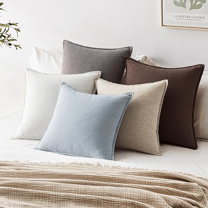 EMEMA Throw Pillow Covers Decorative Linen Pillow Covers 18x18 Inch Light Blue Boho Farmhouse Neutral Couch Throw Pillows for Bed Pack of 2 Accent Pillowcase Modern Sofa Cushion Livingroom Home