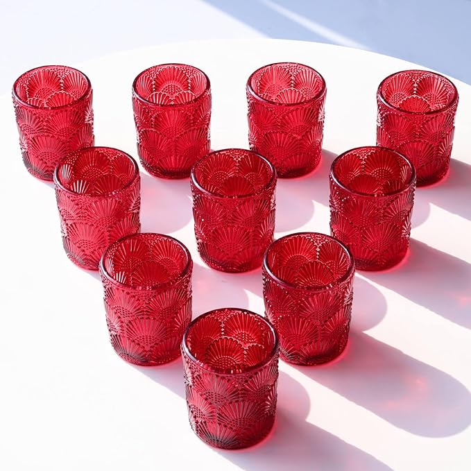 Woho Red Votive Candle Holders Set of 24 Boho Style, Ginkgo Leaves Pattern Tealight Candle Holder for Wedding Table Decor, Vintage Glass Tea Lights Candle Holder for Christmas/Vantines Day Decorations