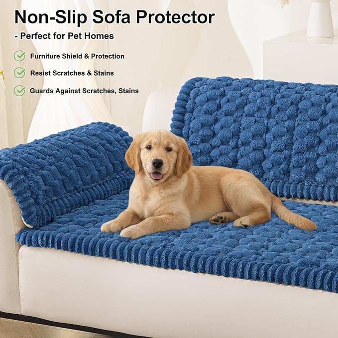 Smiry Pet Couch Cover for 3 Cushion Sofa, Non-Slip Fuzzy Couch Cover for Dogs Washable, Thick Soft Sofa Slipcovers Cushion Protector Pet Friendly (Navy, 27.6" x 88")