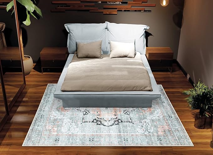 Bloom Rugs Washable Non-Slip 9' x 12' Rug - Gray/Coral Pink Traditional Area Rug for Living Room, Bedroom, Dining Room, and Kitchen - Exact Size: 9' x 12'